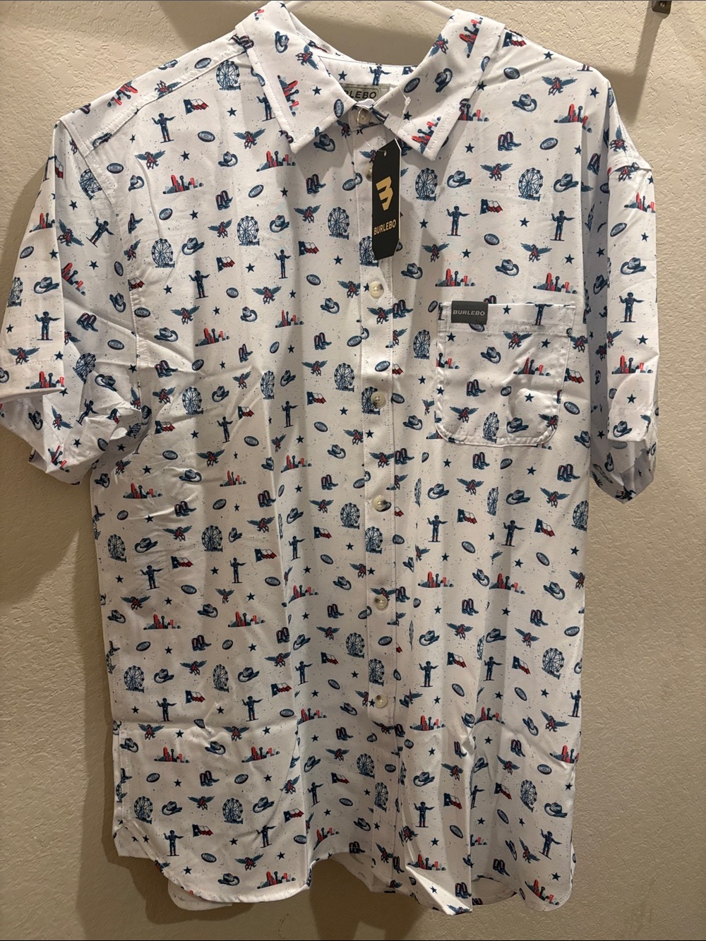 NWT BURLEBO White Short-Sleeve Button-Down with Navy & Red
